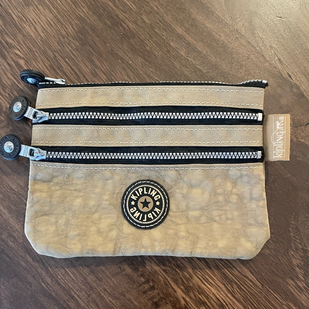 Kipling Logo Khaki Travel Cosmetic Case with Zipper